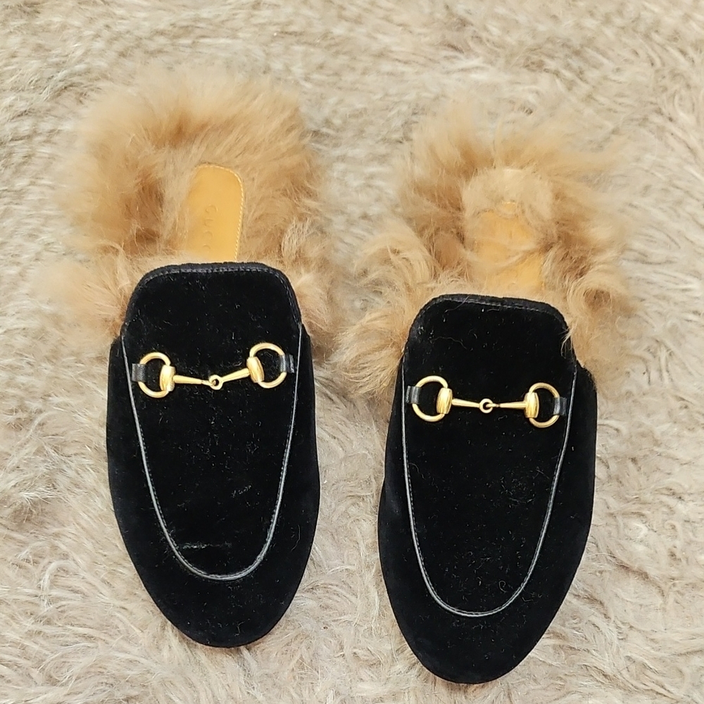 Gucci Princeton Fur-Trimmed Velvet Loafers Women Size 38